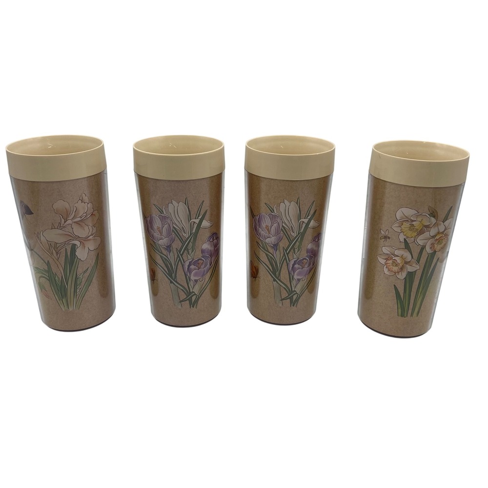 Thermo-Serv Garden Glories Tumblers Set of 4 Tan VTG 1982 Floral Butterfly Bee